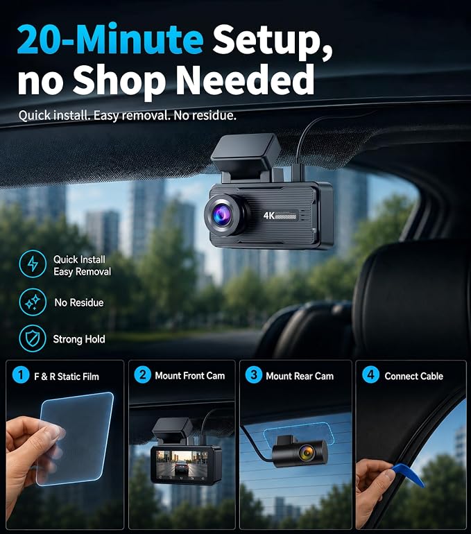 4K Dash Cam Front and Rear, 360° Interior Rear Camera for Cabin, Side & Rear - Dash Camera for Cars with 64GB Card, Low-Light Sensor, Wi-Fi 6 GPS, Touch Screen, HDR WDR, Support 1TB, A80T