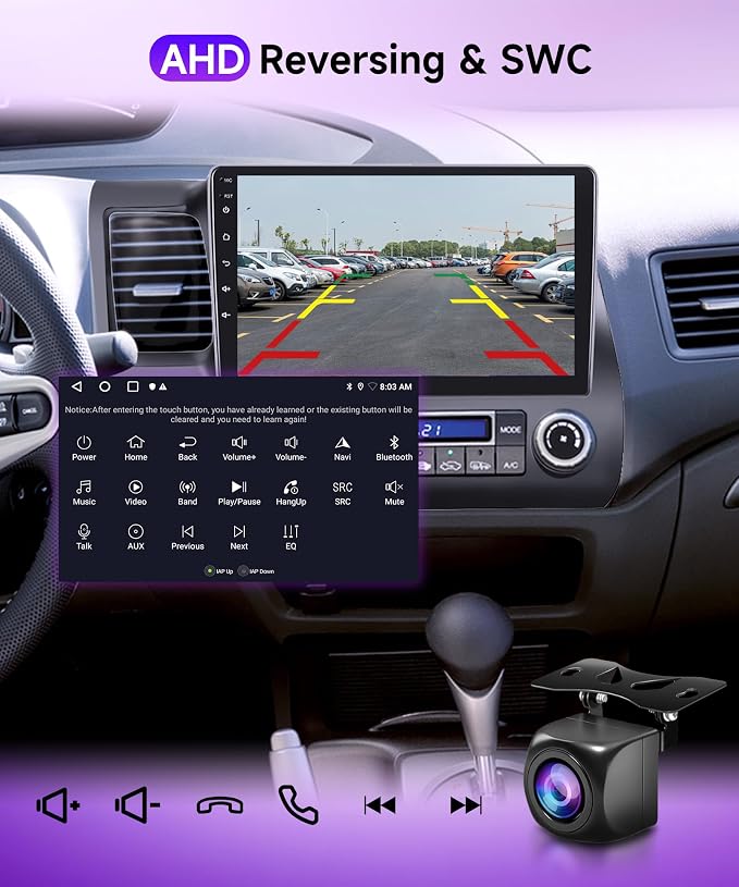 4G 64G Android Car Stereo for Honda Civic 2006 2007 2008 2009 2010 2011, Wireless CarPlay & Android Auto, 5GHz WiFi GPS, Touchscreen, Bluetooth/FM/RDS, EQ, SWC + AHD Backup Camera