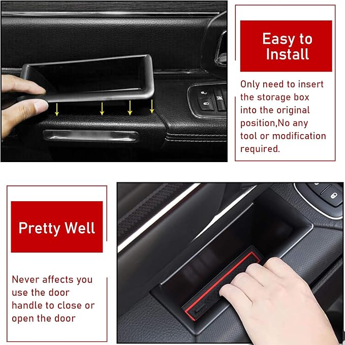 for Ram 1500 Door Side Organizer Tray 2019 2020 2021 2022 2023 2024 2025 2026, for Ram 1500 Door Pocket Insert 4 Pcs with Red-Lines Mats (Does not fit 2500 3500)