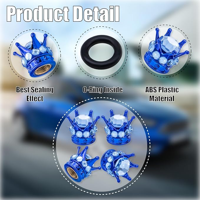 4PCS Crown Bling Tire Stem Valve Caps, Crystal Diamond Car Wheel Tire Valve Caps Universal Copper Core Stem Covers for Cars, SUV, Trucks, Bikes, Motorcycles, Bicycles (Blue)