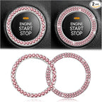 Car Bling Crystal Rhinestone Engine Start Ring Stickers, 1 Single Drainage Drill and 1 Double Drainage Drill Car Start Button Cover, Key Ignition Knob Bling Ring Decals, Car Accessories(Set Pink)