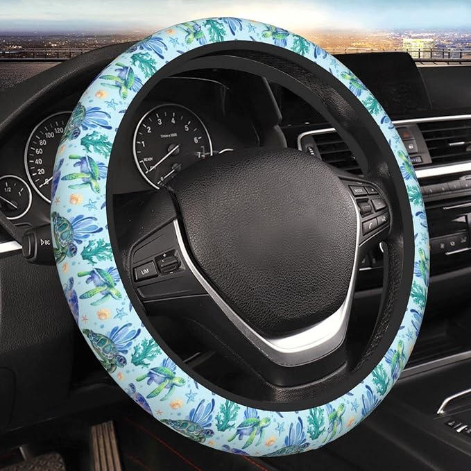 Sea Turtle Steering Wheel Cover Anti-Slip,Sweat Absorption Universal 15 inch Steering Wheel Covers Cute car Accessories for Men Women