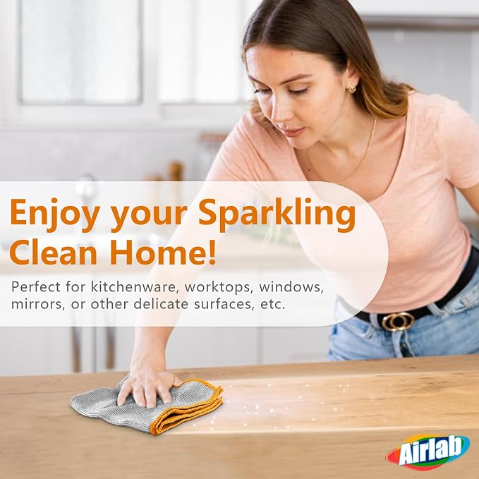 Airlab Glass Polishing Cloth Streak Free Miracle Cleaning Cloth Lint Free Microfiber Cleaning Rags for Glasses Kitchen Dish Mirrors Easy Clean, Pack of 6, 12" x 12", Sliver-Orange