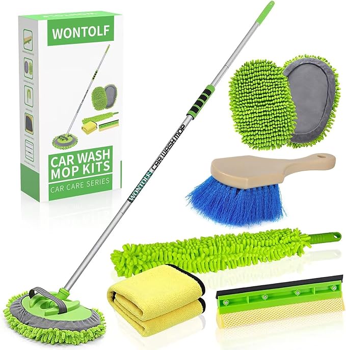62'' Car Wash Brush with Long Handle Chenille Microfiber Car Wash Mop Mitt Kit Car Detailing Brush Cleaning Kit Window Squeegee Car Duster Drying Towels Tire Brush for Cars RV Truck Boat