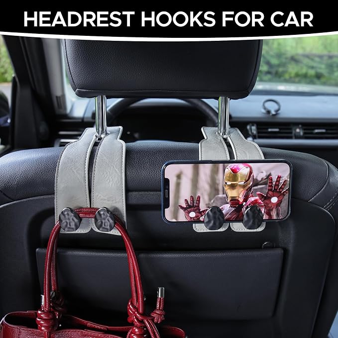 Leather Car Purse Hook for Headrest, 4 Pack, Grey-Black | Twin Hooks Headrest Hangers, 2/4 Pack, No-Slip, Scratch-Proof, Holds Purses, Backpacks, Grocery Bags, Car Organizer Gift