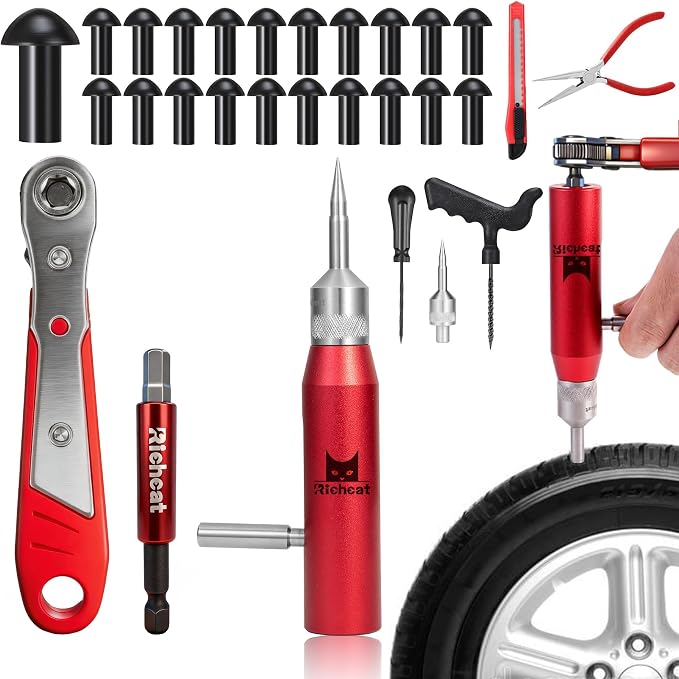 Tubeless Tire Puncture Repair Kit with Mushroom Plug, Repairs punctures and Flat Tires for Motorcycles, Cars, Trucks, ATVs and Tractors