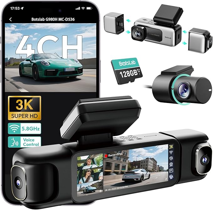 3K 4 Channel Dash Cam, 360° All-Around View, Front/Rear/Inside Car Cameras with 3.18" Touch Screen, Dash Camera 24/7 Parking Mode, Built-in GPS, 5.8GHz WiFi, Voice Control, 128GB Card Included