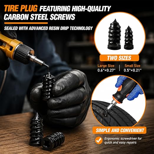 105PCS Tire Screw Plug Repair kit, Screw in Rubber Plugs No Tire Removal Flat Tire Fix Tool Set for Car Truck Motorcycle SUV ATV, Heavy Duty Emergency Tire Puncture Repair Kit with Pliers and Tools