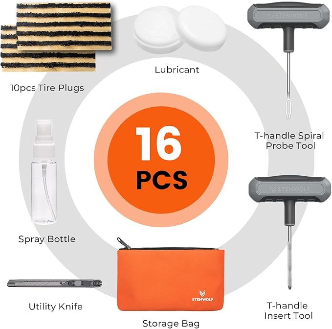 Flat Tire Repair Kit with Plugs 16 Pcs, Heavy Duty Tire Plug Kit for Car, Motorcycle, ATV, Jeep, Truck, Tractor (Grey)