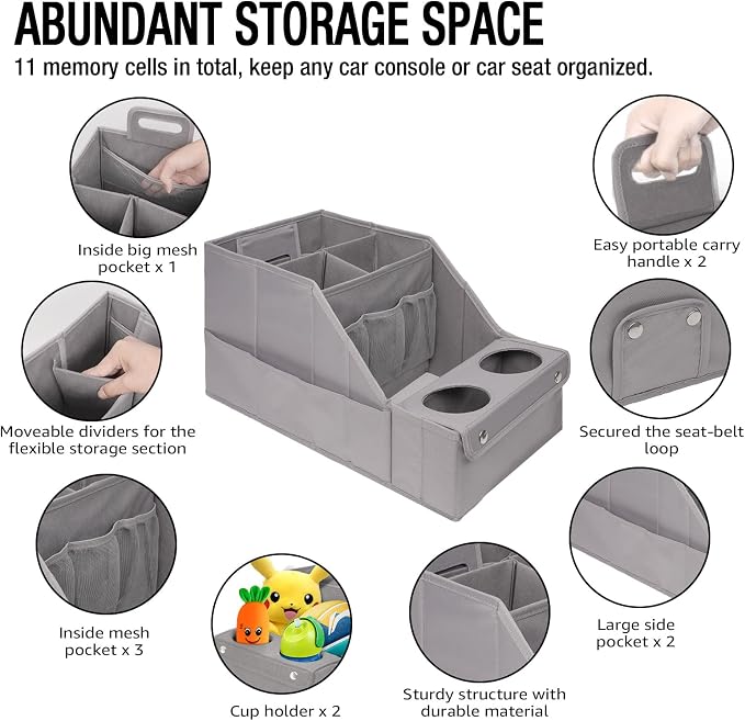Car Seat Organizer - Backseat Organizer with 11 Storage Compartments and 2 Cup Holders for Travel, Kids