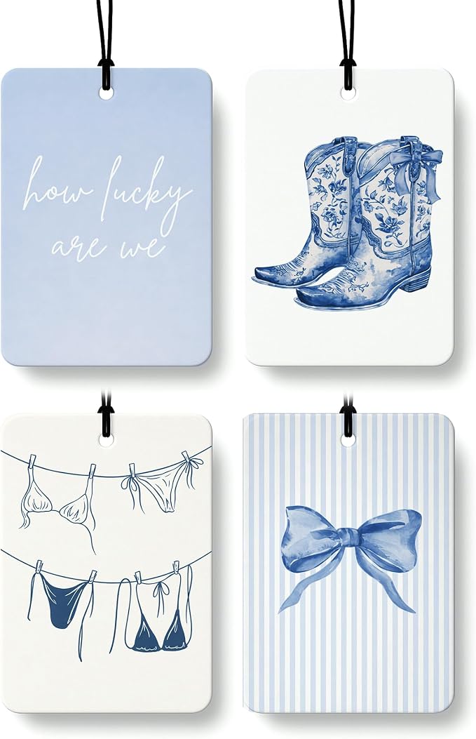Blue Western Coastal Car Air Freshener 4 Pcs Coconut Scented, Preppy Cowgirl Bikini Bow Car Accessories Mirror Decor for Women, Girly Beachy Hanging Air Freshener for Cars Closet Drawer Books