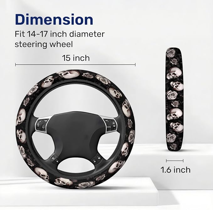 Rose Skull Steering Wheel Cover, Non Slip Polyester Car Wheel Protector for Car SUV Truck, Universal 15 Inch