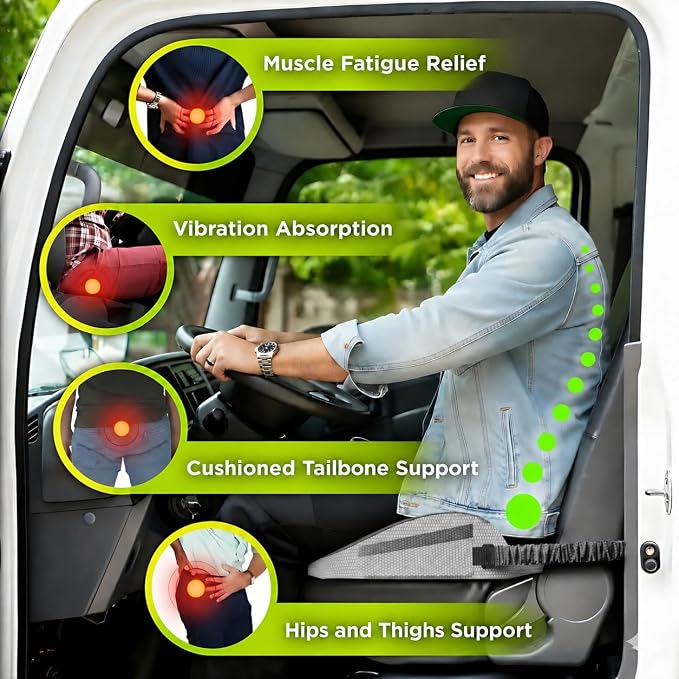 XL Truck Seat Cushion for Truck Driver Seat Cushion - Upgraded Back Support, CertiPUR-US® Certified - Thick Memory Foam, Pain Relief for Hours of Driving, Trucker Approved Big Rig - Black