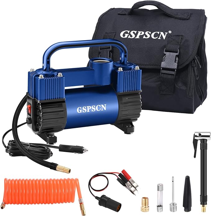 12V Heavy Duty Tire Inflator Metal Portable Air Compressor Pump | 6X Faster Inflation Double Cylinders 150PSI Air Pump with Adapter for Car, RV,Pickup Truck, SUV, Van,Camper, Air Bed,Ball