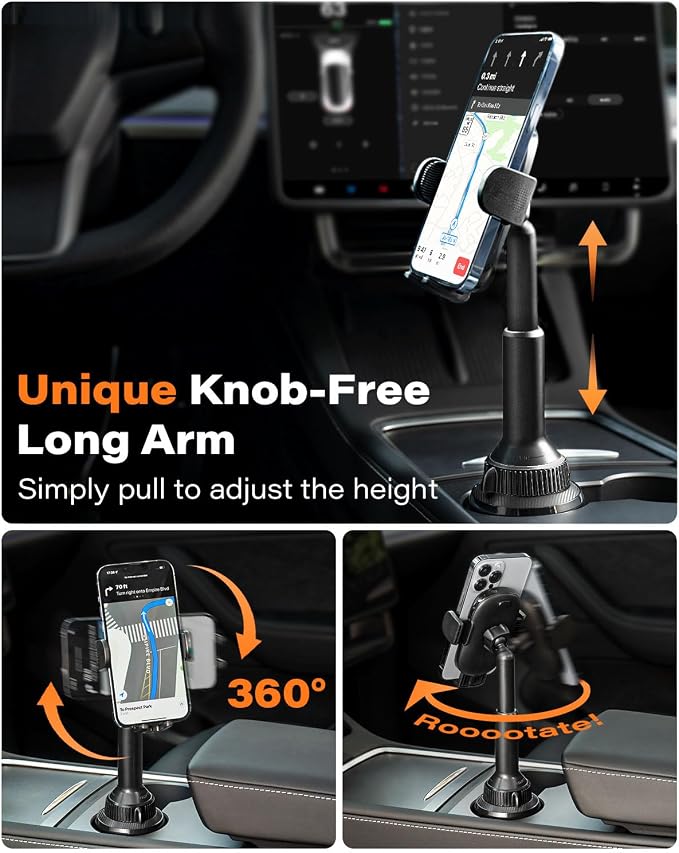 Universal Car Cup Phone Holder | Quick Extension Long Arm | 360° Swivel | Adjustable for iPhone, Samsung, Google, and All Smartphones | Stable & No Shake Design