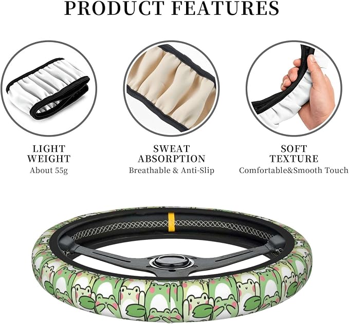Cute Green Frog Steering Wheel Cover for Women,Universal Auto Steering Wheel 14-15 Inch Car Interior Accessories with 2PCS Car Coasters,Suitable for Men and Women