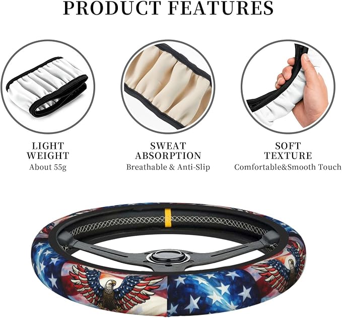 American Flag Neoprene Steering Wheel Cover Anti-Slip Elastic Eagle Pattern Steering Wheel Protector 15in Universal Car Accessories Fit Cars, SUVs, Auto