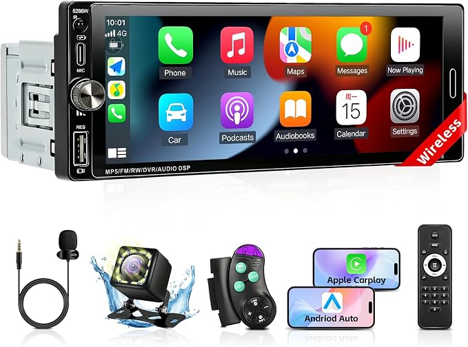Single Din Radio Car Stereo with Wireless Carplay & Android Auto, 6.9" IPS Touchscreen Car Stereo with Bluetooth 1080P Backup Camera Mirror Link Navigation AM/FM Type-C Fast Charging USB EQ SWC Mic