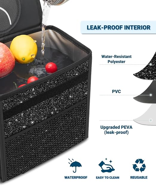 Car Trash Can with Lid, Leakproof Car Trash Bag Hanging Waterproof Automotive Garbage Can with Storage Pockets Mini Vehicle Trash Bin for Back/Front Seat(Sparkly Black,2.5 Gallon)