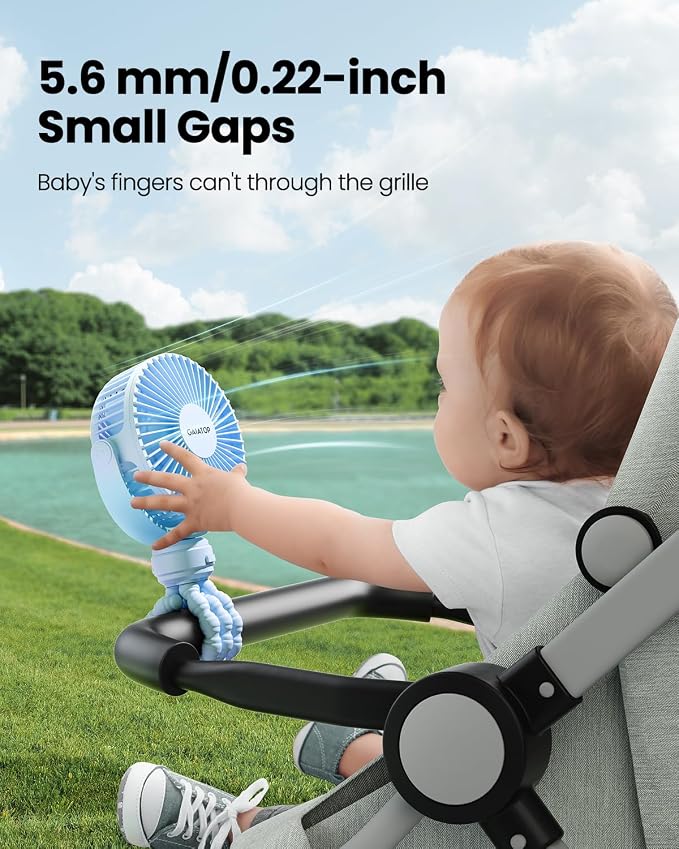 Mini Portable Stroller Fan, Battery Operated Small Clip on, Detachable 3 Speed Rechargeable, 360° Rotate Flexible Tripod Better Cooling for Car Seat Crib Treadmill Travel Blue