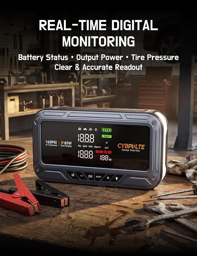 Jump Starter with Air Compressor, 8000A 160 PSI, 65W USB-C Fast Charging, Portable Car Battery Jumper for 12 Gas/14L Diesel, All-in-One Emergency Jump Box