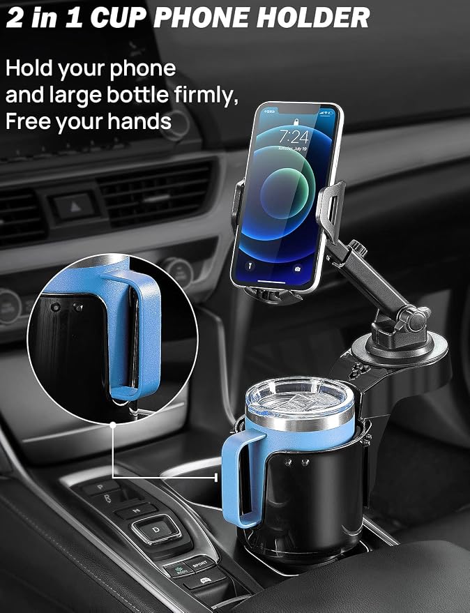 Cup Holder Phone Mount for Car, Car Cellphone Large Adapter Long Arm with 360 Degree Rotation, Compatible iPhone, Samsung & All Smartphones,Black,1 Pack