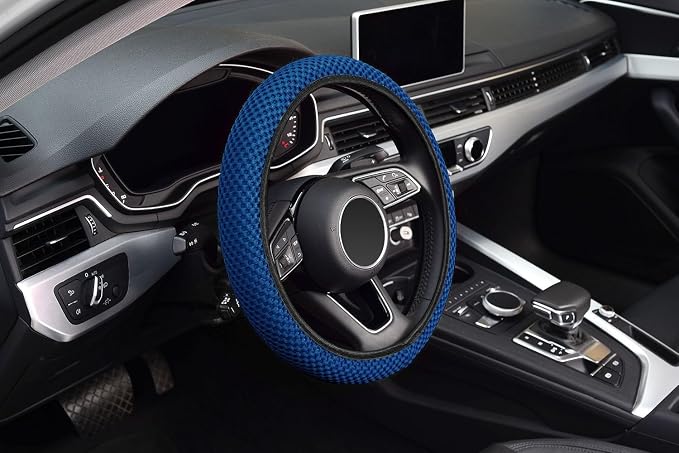 Elastic Stretch Steering Wheel Cover 15 Inch, Breathable Ice Silk Microfiber, Non-Slip Grip, Warm in Winter and Cool in Summer, Odorless, Car Accessories Fit Cars, SUVs, Light Blue