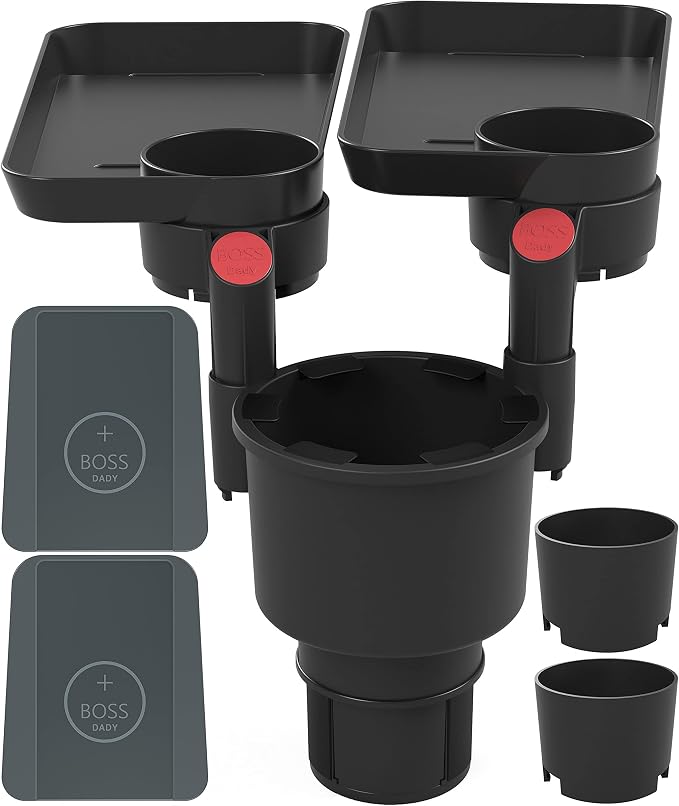 Triple Car Cup Holder Expander Attachable 2 Tray with Adjustable Base and Large Bottles