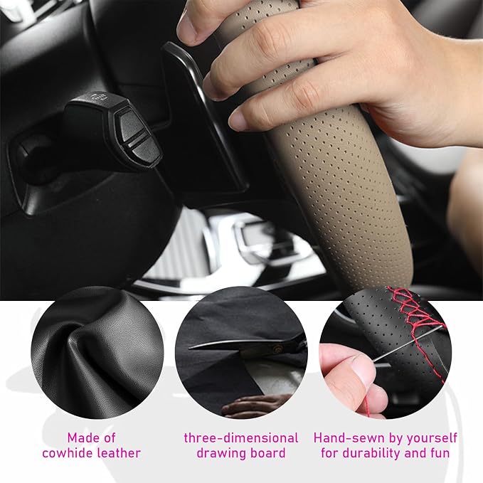 Genuine Leather Steering Wheel Cover, Stitch on Wrap, Breathable Anti-Slip Car Steering Wheel Protector for Max Diameter 15 Inch, DIY Sewing with Needles Thread (Beige, Hole)
