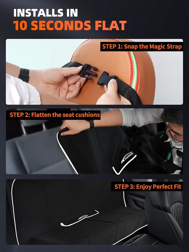 Rear Bench Seat Cover, Waterproof, Sweatproof, Non-Slip Protector for Back Seat, Dual-Layer Microfiber Terry, Universal Fit for Cars, Trucks, SUVs – Embroidered Design (Black, 1 Pack)