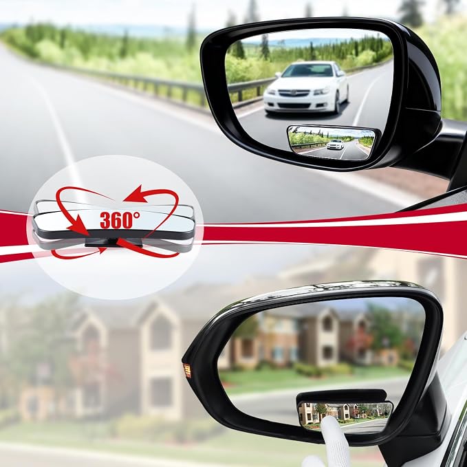 Framed Rectangular Blind Spot Mirror, HD Glass and ABS Housing Convex Wide Angle Rearview Mirror with Adjustable Stick for Universal Car (2 pcs)