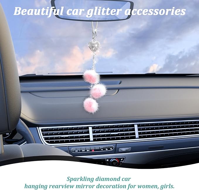 Bling Diamond Heart Car Interior Accessories, Heart & Pink Plush Ball Decor Ornament Pendant, Hanging Decoration Charm (Pink)