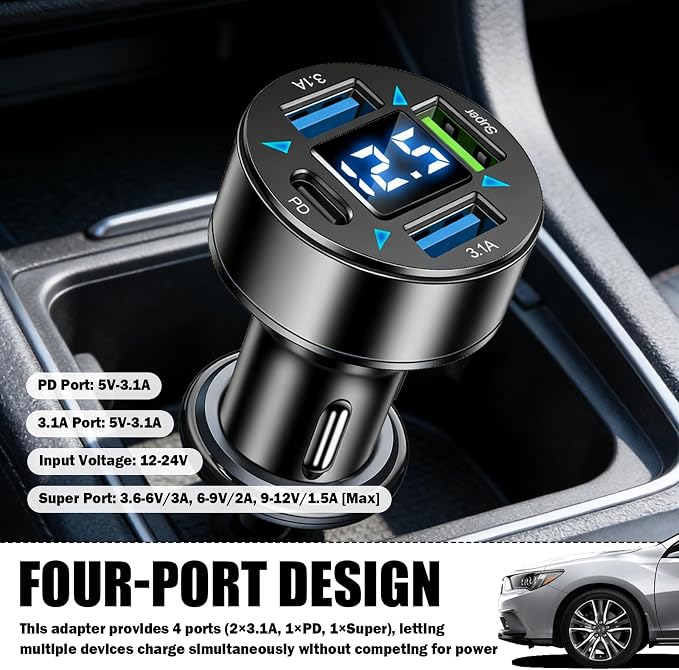 4 Ports Car Charger Adapter,12V/24V Car Cigarette Lighter USB Charger Including 3.1A/PD/Super Fast Charging Ports,Upgraded Cars Phone Chargers with LED Voltage Display & Soft Light