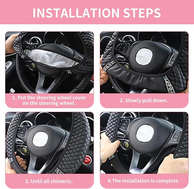 Bling Car Steering Wheel Cover, 15 Inch Rhinestones Soft Leather Elastic Steering Wheel Protector, Sparkly Crystal Diamond for Women, Car Interior Accessories for Most Cars (Pink)