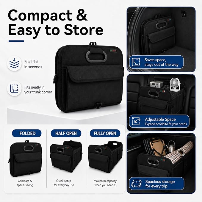 PAT SAM'S Trunk Organizer for SUV, Collapsible Car Trunk Organizer with Dividers, Waterproof 600D Oxford, Non-Slip Storage Organizer for Groceries, Tools, Travel, Truck & Car (Black)