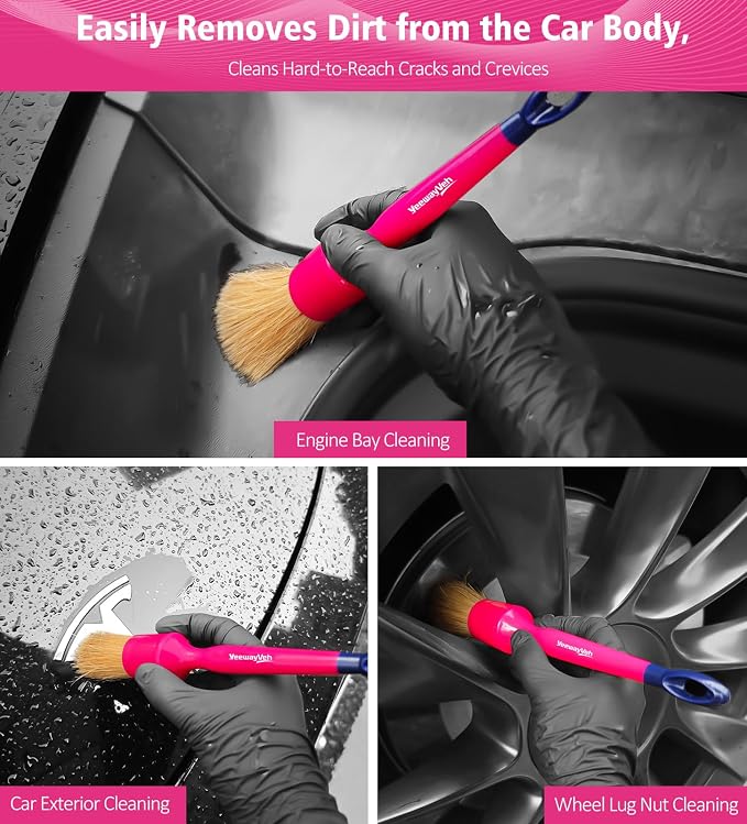 6PCS Car Detailing Brush Set, 3pcs Boars Hair Detailing Brushes, 3pcs Ultra Soft Detail Brush for Leather Seat Air Vents Engine Bay, Detail Brushes Car Detailing for Interior Exterior, Pink