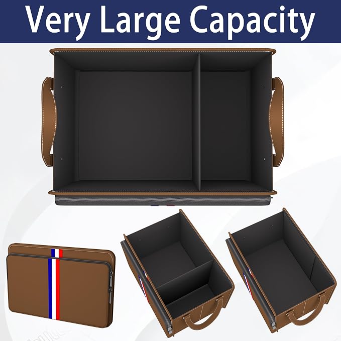 Trunk Organizer for Car, Waterproof Collapsible 3 Compartments Car Organizer, Foldable Storage for Car Accessories, Tools, Sundries for Women Men, Tote Bag (Brown, Standard)