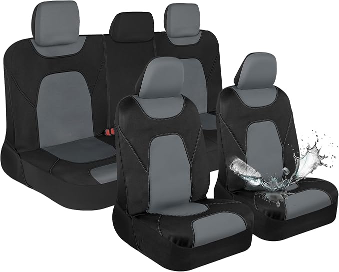 Waterproof Car Seat Covers Full Set – Black & Gray Seat Covers for Car Front & 60/40 Split Back Bench - Carseat Cover for Trucks, SUV - Universal Fit for Most Regular Size Vehicles