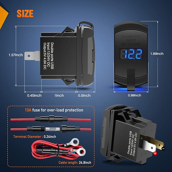 Rocker Switch Style Dual USB Outlet LED Voltmeter Quick Connector 12V Car Replacement with Inline Fuse for Boats RVs Trucks Cars
