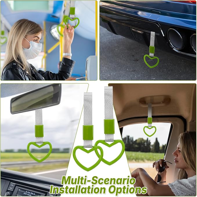 2 Pcs Heart Shaped Car Handle Strap – JD M Drift Charm Rear Bumper Warning Ring Decor for Car Interior Exterior, Subway Bus Handle Accessory, Cute Heart Car Decor Gift for Drivers (Green-Silver)