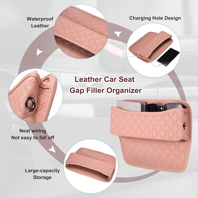 2pcs Car Seat Gap Filler Organizer 11.5 x 8 x 2.1 Inch Leather Universal Car Organizer Storage Box Between Seat and Console for Phone Sunglasses Keys, Pink