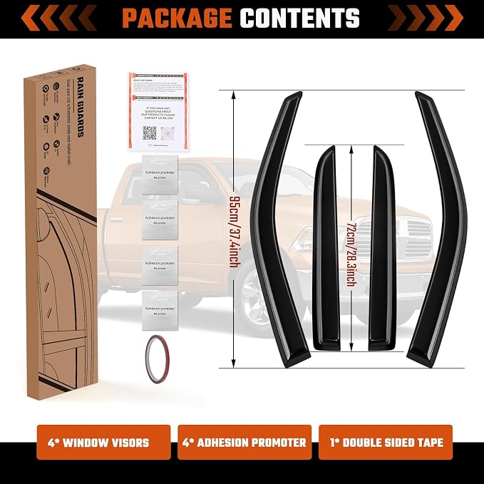 Rain Guards Fit for Dodge Ram 1500 Crew Cab 2009 2010 2011 2012 2013 2014 2015 2016 2017 2018, Tape-On Side Window Deflector Durable 2009-2018 Ram 1500 Crew Cab Rain Guard Black 4 PCS