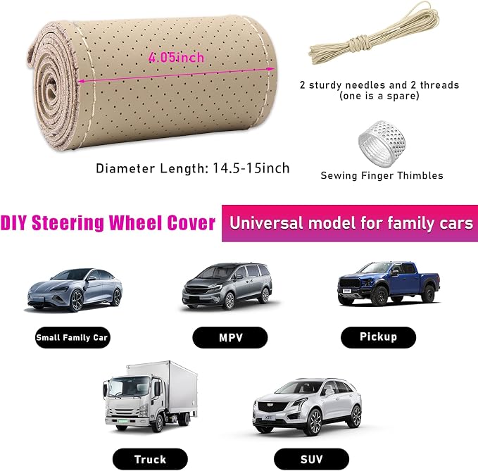Genuine Leather Steering Wheel Cover, Stitch on Wrap, Breathable Anti-Slip Car Steering Wheel Protector for Max Diameter 15 Inch, DIY Sewing with Needles Thread (Beige, Hole)