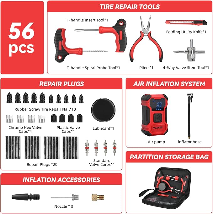Flat Tire Repair Kit with Air Compressor, 150PSI Portable Air Pump with Auto-Stop & LED, Heavy Duty Tire Plug Kit for Car, SUV, Truck, Jeep, Motorcycle, Roadside Emergency Assistance（Red)