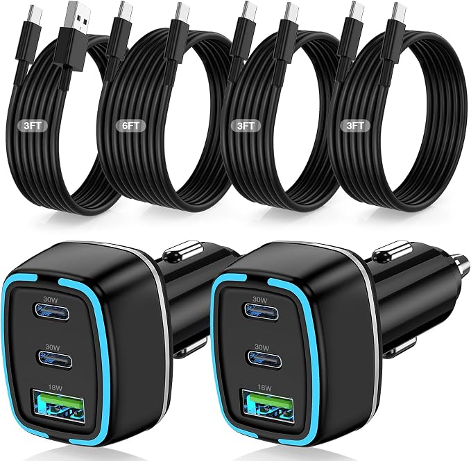 75W USB C Car Charger, 3-Port Super Fast Charging PD 3.0 & QC 3.0 Cigarette Lighter Adapter for iPhone 17/16/15 Pro Max, Samsung Galaxy S26/S25/S24 Ultra, with 4Pack 3FT+6.6FT Type C Cable