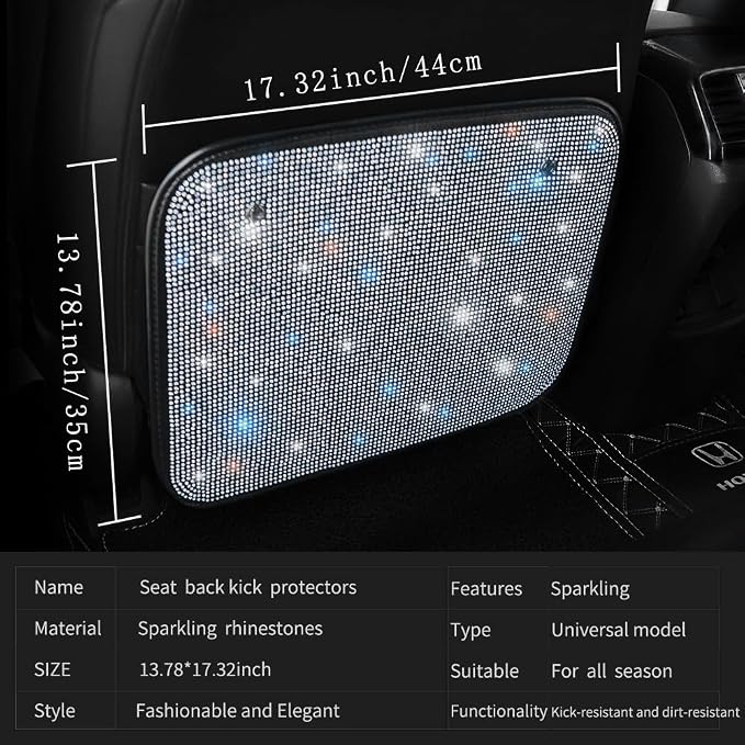 Bling Rhinestone Kick Mats Back Seat Protectors - Premium Car Seat Back Protector with Crystal Diamonds, Fits Most Cars - Stylish Car Interior Decor Accessories for Women & Girls White 2Pcs
