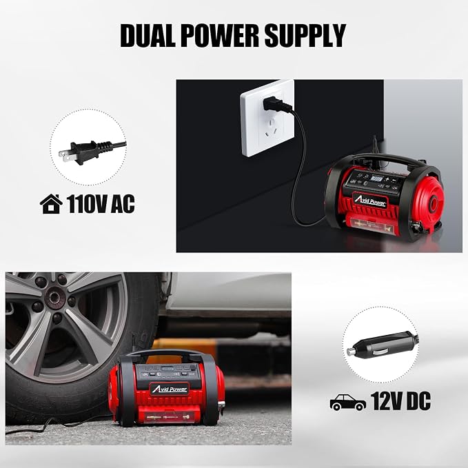 Tire Inflator Portable Air Compressor, 12V DC 110V AC Car Tire Pump, Air Mattress Pump with Inflation and Deflation Modes, Dual Powerful Motors, Digital Pressure Gauge