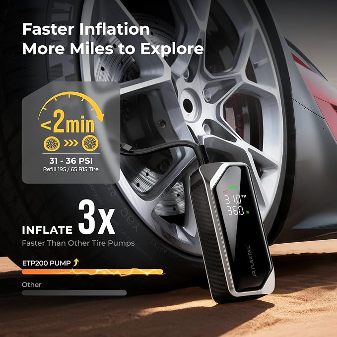 Portable Tire Inflator, Rechargeable Electric Air Pump with Knob Pressure Control, Cordless Air Compressor for Car Tires, Bike, Balls, Digital Pressure Gauge, Auto Shut-Off.