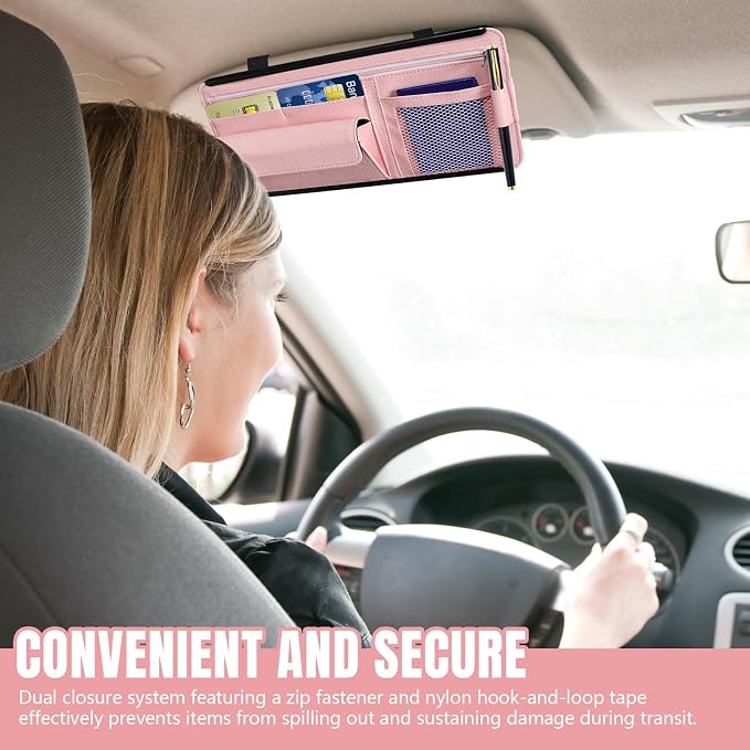 Car Visor Organizer, Leather Multi-Pocket Auto Sun Visor Storage Pouch with Sunglasses Holder, Card Holder, Zipper Pocket, Net Pocket, Pen Slot, Universal Interior Car Accessories (Pink)