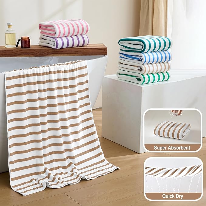 Microfiber Beach Towels Set of 4, 30" x 60", Cabana Stripe, Soft Absorbent, Quick Dry Bath Towel for Salon, Hotel, Travel, Sport, Summer Swimming Pool Party, Yoga, Camping, Coffee